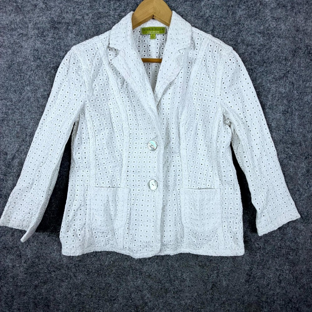 Sigrid Olsen Eyelet Blazer Jacket Women 6 White Cotton Summer Angelcore Feminine